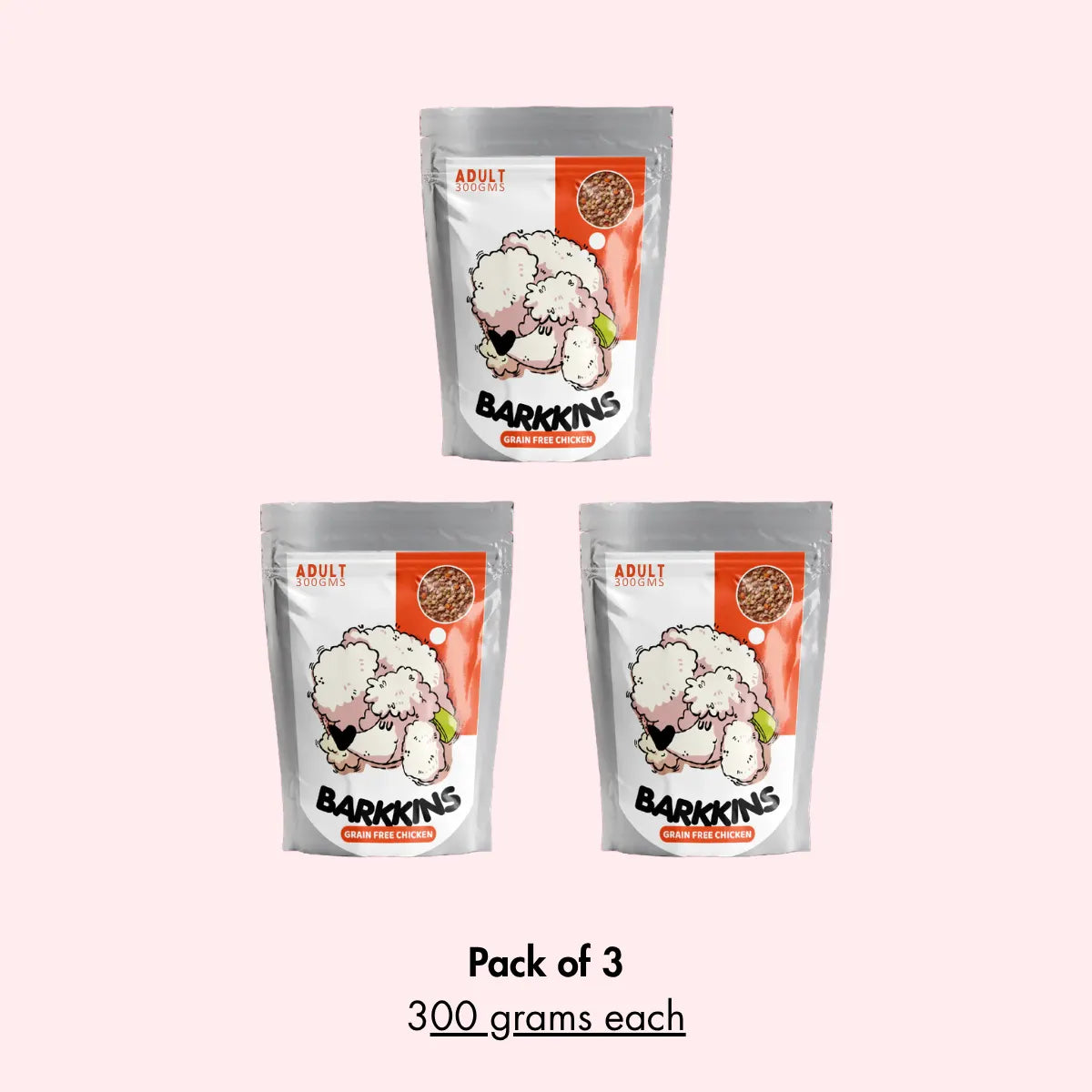 Three packages of Barkkins dog food on a white background