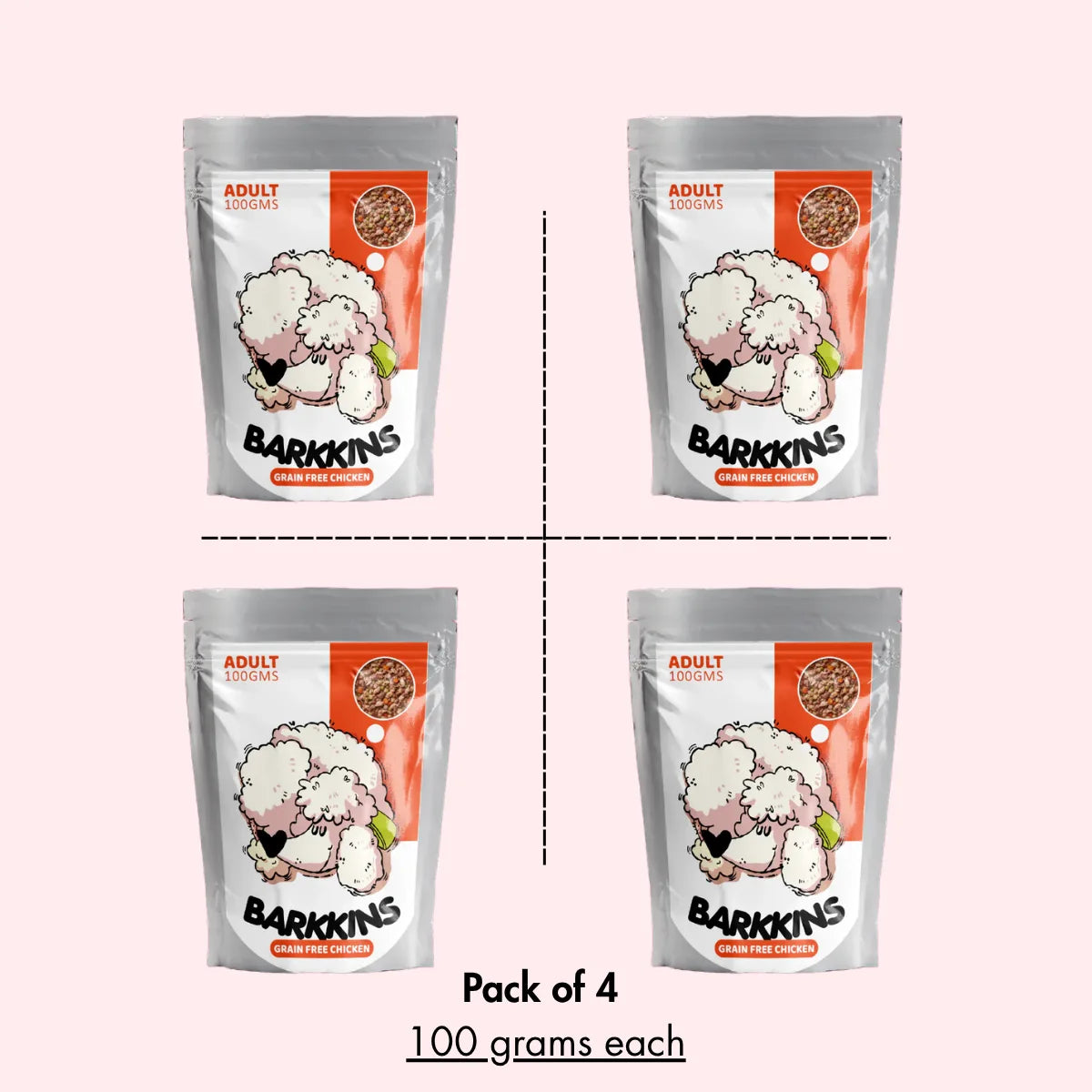 Four packages of Barkkins dog food on a white background