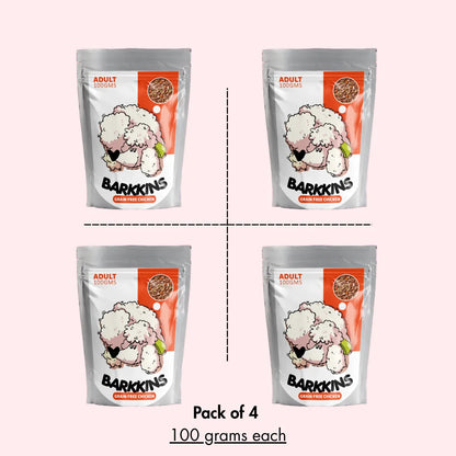 Four packages of Barkkins dog food on a white background