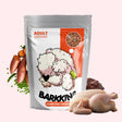 Bag of Barkin' Adult dog food with ingredients on a white background