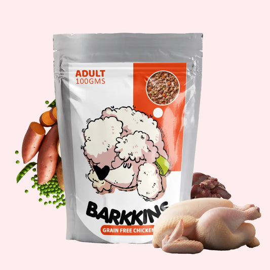 Bag of Barkin' Adult dog food with ingredients on a white background