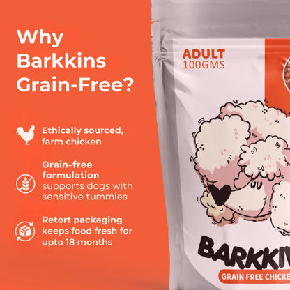 Barkkins grain-free dog food package with text on an orange background