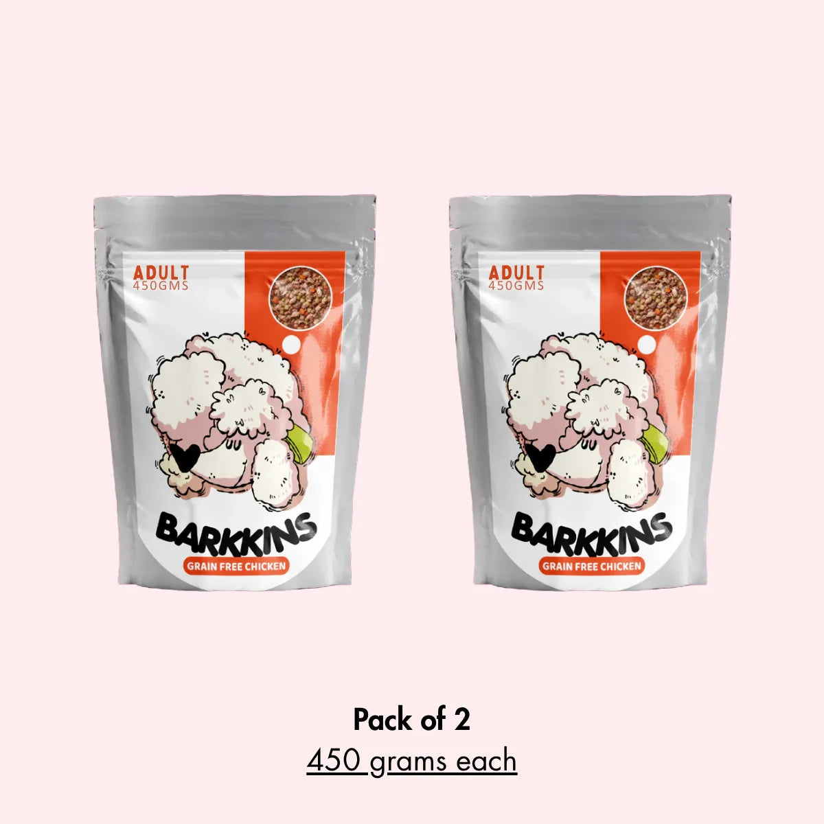 Two packages of Barkkins dog food on a white background