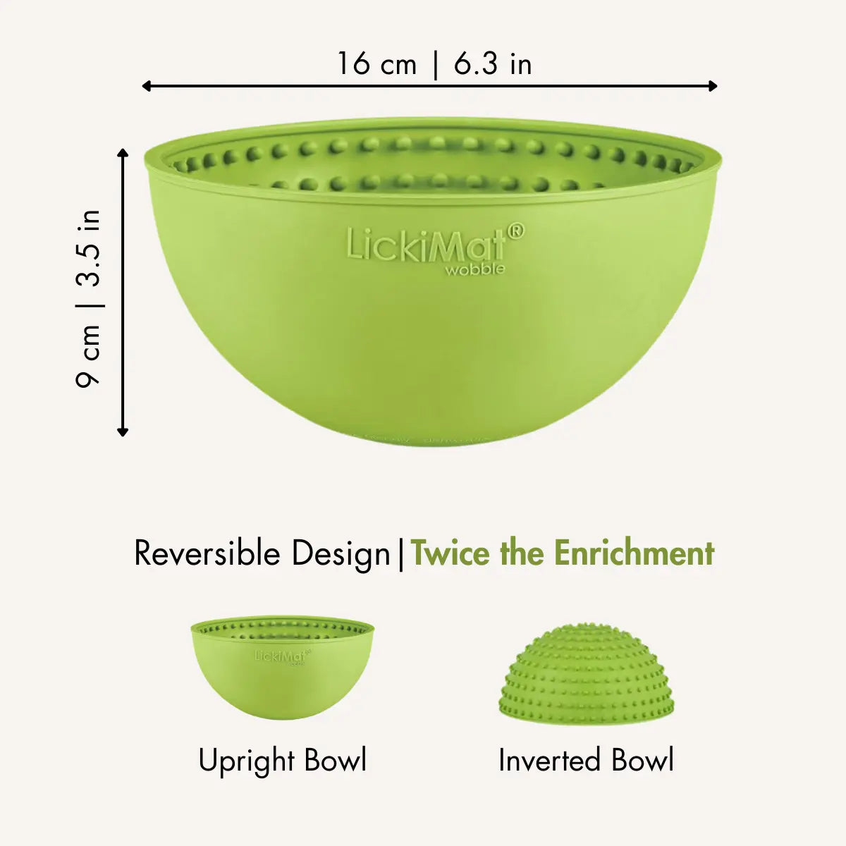 LickiMat Wobble dimensions — 16cm diameter, 9cm height, reversible design