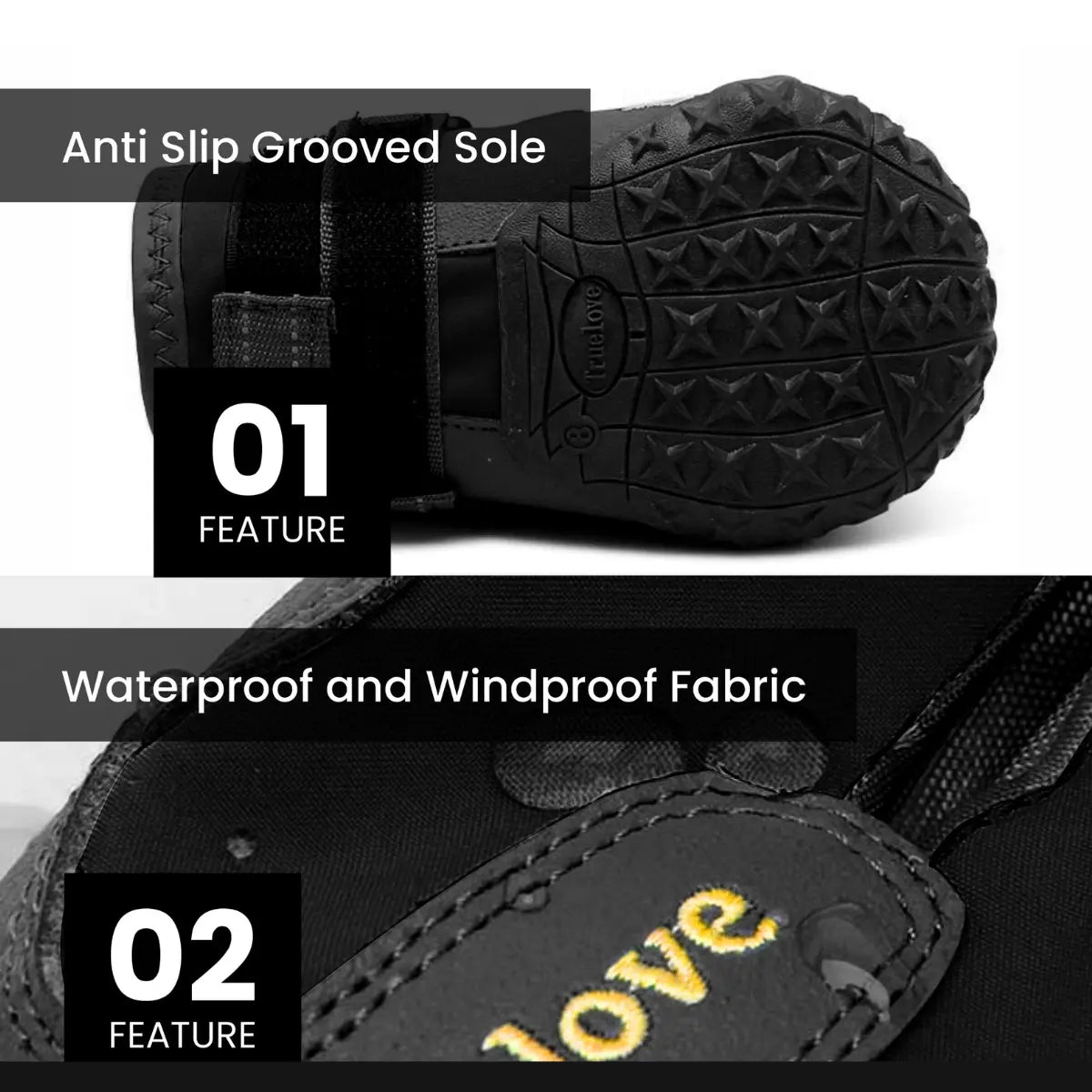 Black dog boots with anti-slip grooved sole and waterproof and windproof fabric, featuring the brand 'LOVE'.