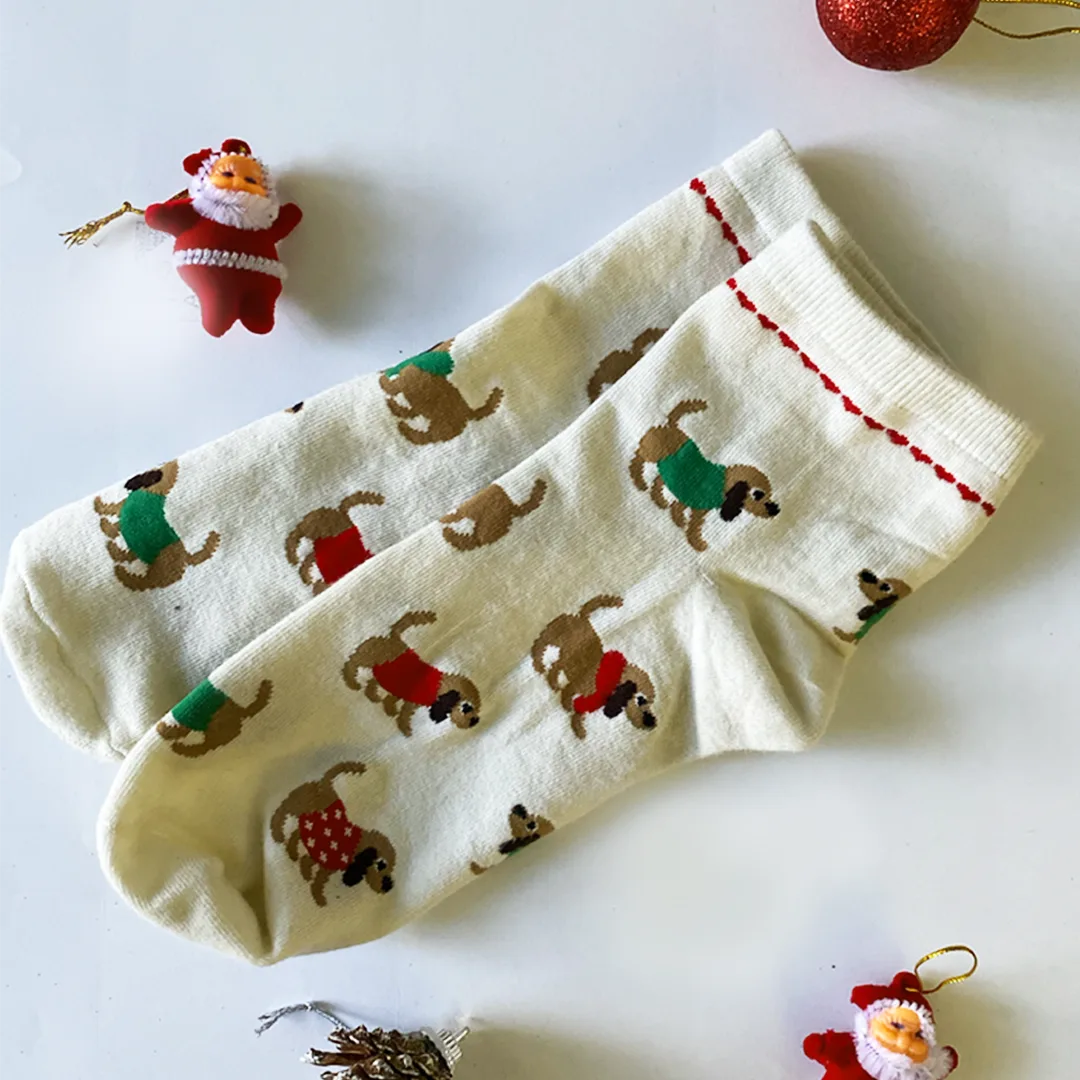 Winter Cream - Dog Themed Socks, Ankle Length