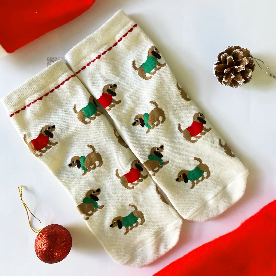 Winter Cream - Dog Themed Socks, Ankle Length