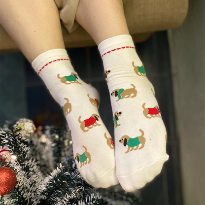 Winter Cream - Dog Themed Socks, Ankle Length