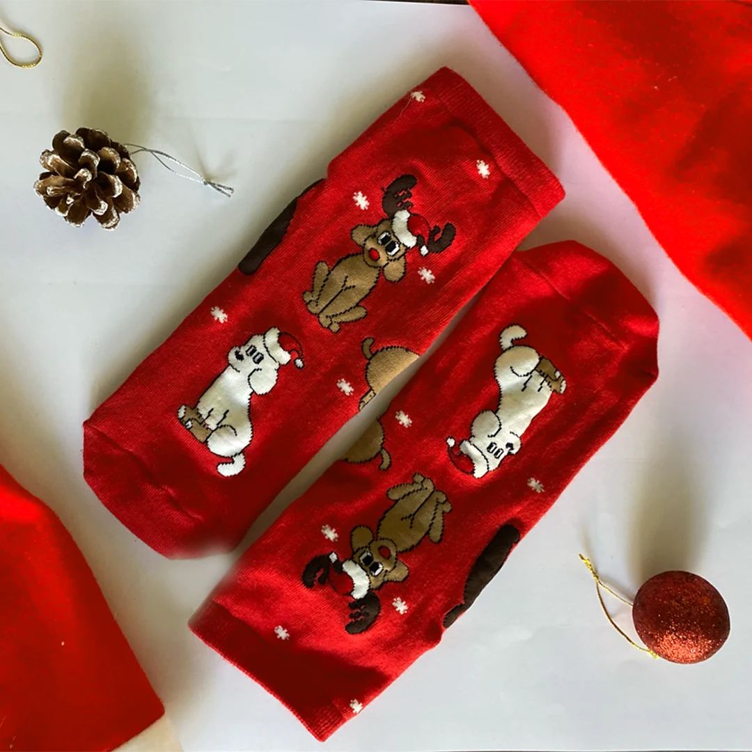 Christmas Red - Dog Themed Socks, Ankle Length
